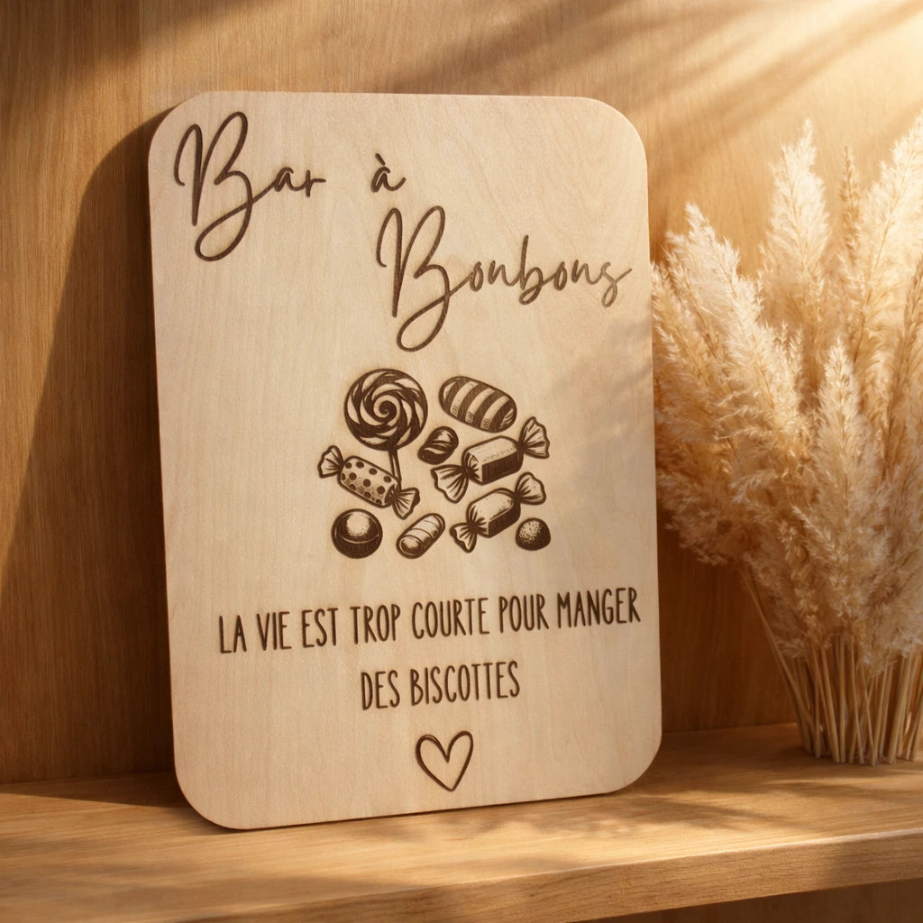 Pancarte en bois Bar à bonbons, décoration gourmande pour mariage ou événement