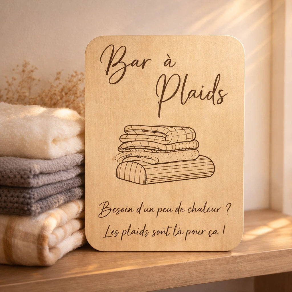 Pancarte en bois bar à plaids pour événement, idéale pour mariage, réception ou soirée en extérieur, signalétique chaleureuse pour coin cosy et confort des invités