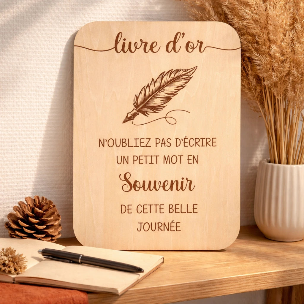 Pancarte en bois livre d’or pour événement, idéale pour mariage, réception ou cérémonie, signalétique élégante pour espace messages et souvenirs