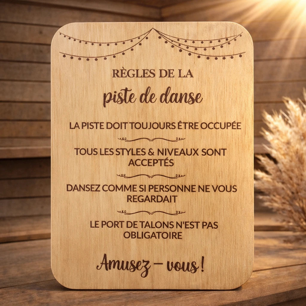 Pancarte en bois avec règles de la piste de danse, décoration mariage festive et conviviale