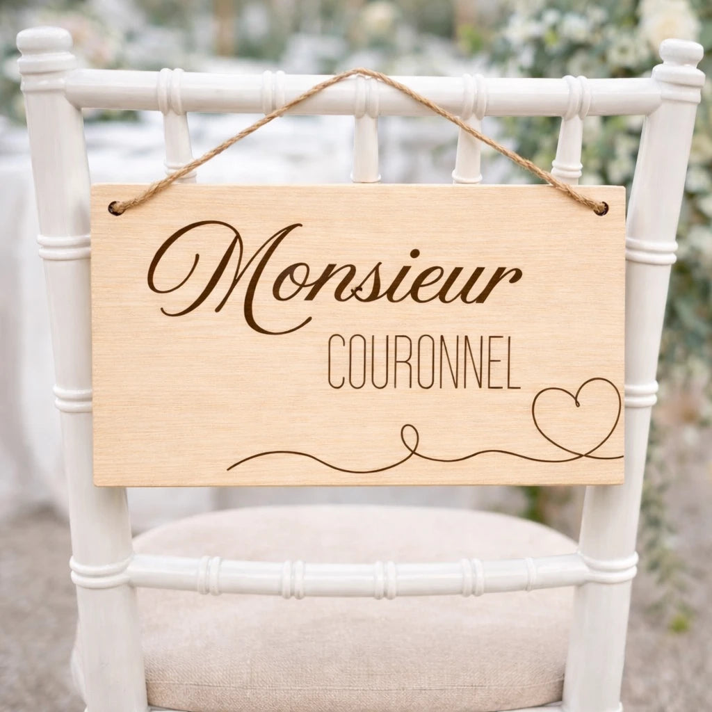 Plaque de chaise de mariage en bois personnalisée avec prénoms des mariés, décoration élégante pour cérémonie.