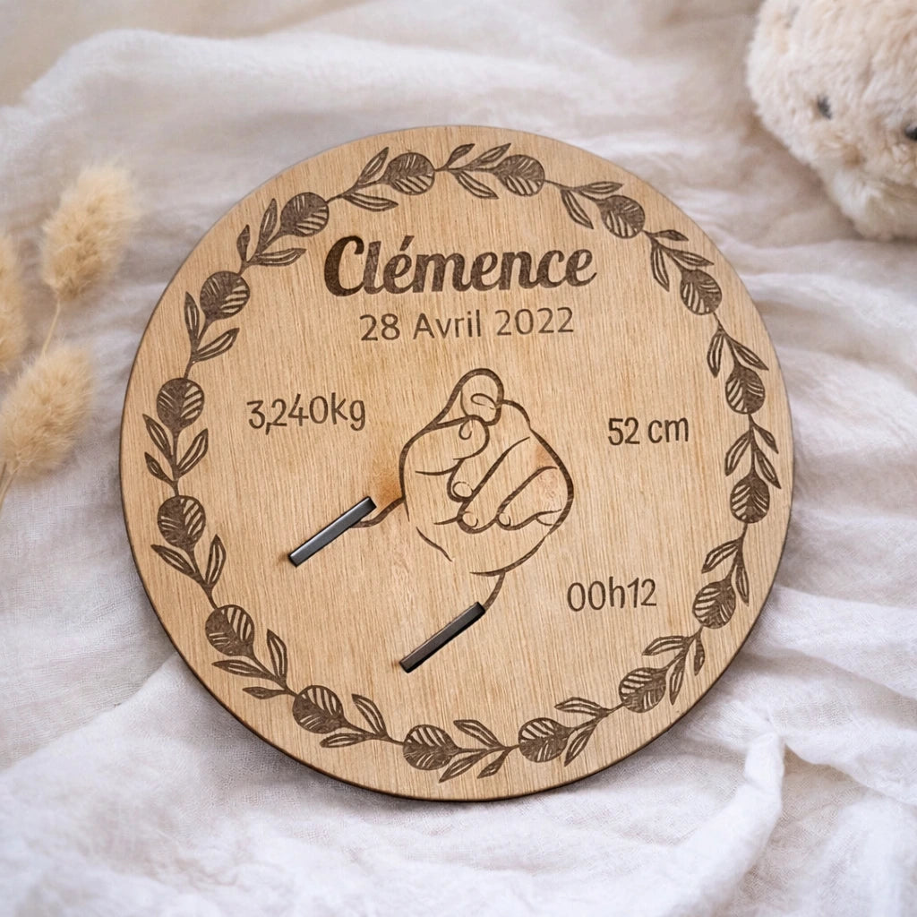 Support de bracelet de naissance rond en bois avec prénom et informations de naissance, souvenir de naissance décoratif