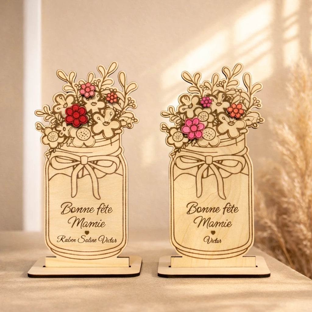 Vase fleuri en bois personnalisé 3 mm avec socle. Cadeau original pour nounou, mamie ou maman, une attention mignonne et décorative.