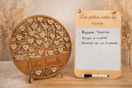 Objets décoratifs en bois personnalisés : calendrier, tableau mémo et cadeaux gravés pour mamie et maman.