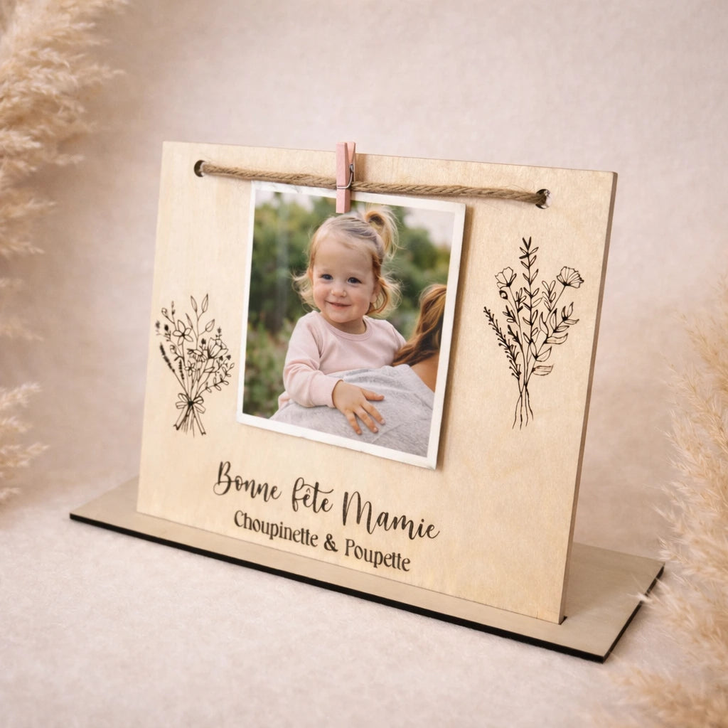 Cadre photo en bois personnalisé 17x20 cm avec corde en jute et pince. Texte au choix. Idée cadeau famille, nounou ou maîtresse.