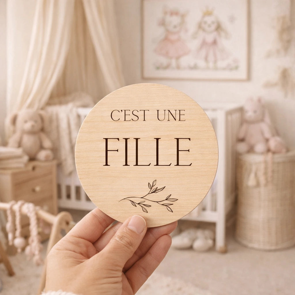 Révélez le sexe de bébé avec cette carte en bois de 10 cm gravée « C’est une fille ». Idéale pour gender reveal, photo grossesse et surprise famille.