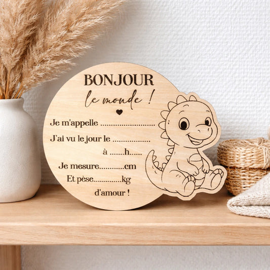 Carte de naissance dinosaure en bois à remplir soi-même avec prénom et informations de naissance
