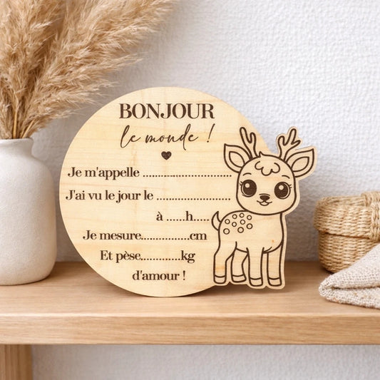 Carte de naissance faon en bois à remplir soi-même avec prénom et informations de naissance