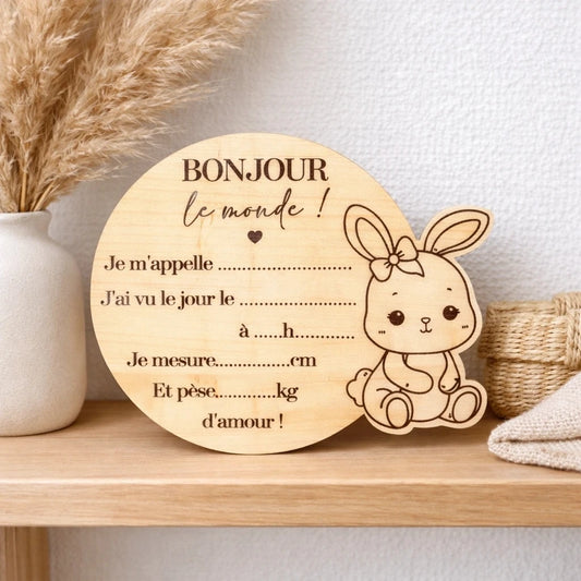 Carte de naissance lapine en bois pour petite fille à remplir soi-même avec prénom et informations de naissance