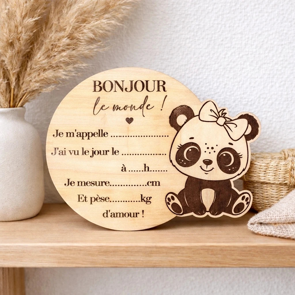 Carte de naissance panda fille en bois à remplir soi-même avec prénom et informations de naissance