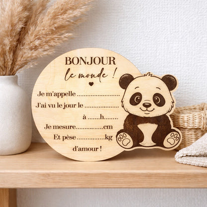 Carte de naissance panda garçon en bois à remplir soi-même avec prénom et informations de naissance