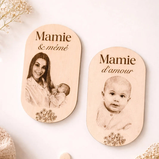 Magnet en bois personnalisé avec photo gravée, souvenir unique et décoration naturelle pour réfrigérateur.