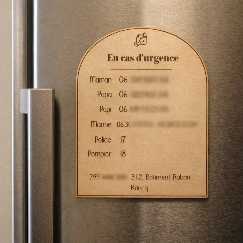 Magnet d’urgence personnalisé enfant 15x12 cm en bois. Numéros importants et adresse gravés. Idéal pour apprendre les bons réflexes en cas d’urgence.