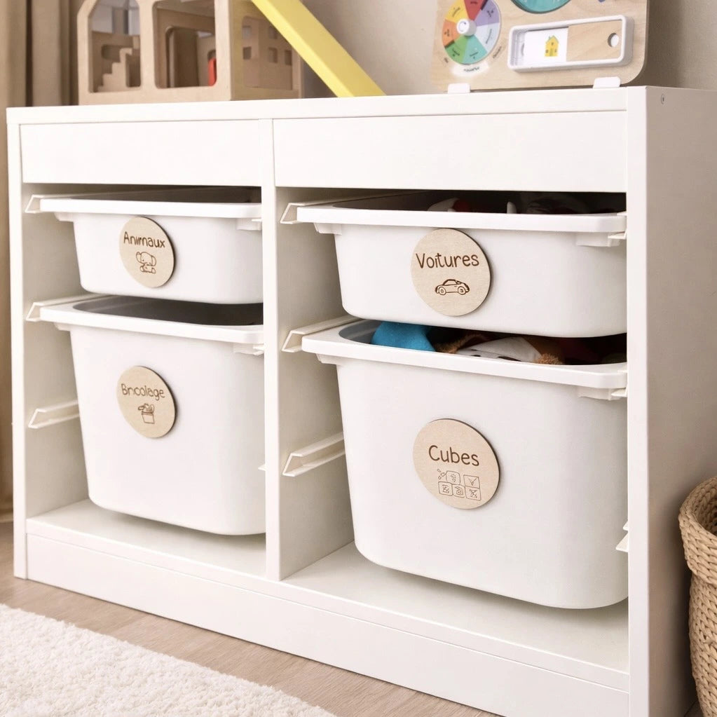 Marques-bacs en bois 7 cm pour organiser les jouets. Idéal chambre enfant. Catégories au choix. Fixation scratch possible (non fourni).