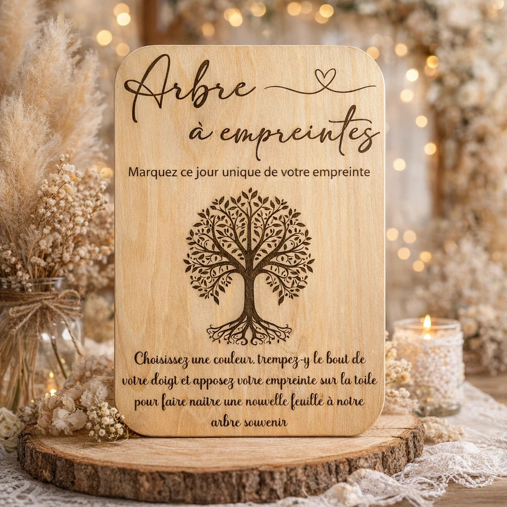 Pancarte en bois Arbre à empreintes, animation souvenir pour mariage ou événement