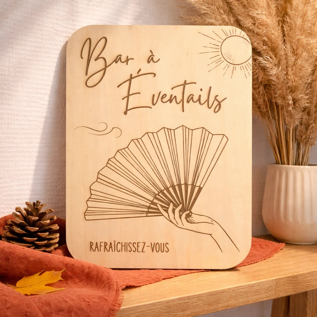 Pancarte en bois bar à éventails pour événement, idéale pour mariage ou cérémonie estivale, signalétique élégante pour accessoires invités