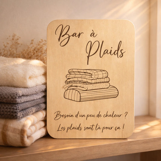 Pancarte en bois bar à plaids pour événement, idéale pour mariage, réception ou soirée en extérieur, signalétique chaleureuse pour coin cosy et confort des invités