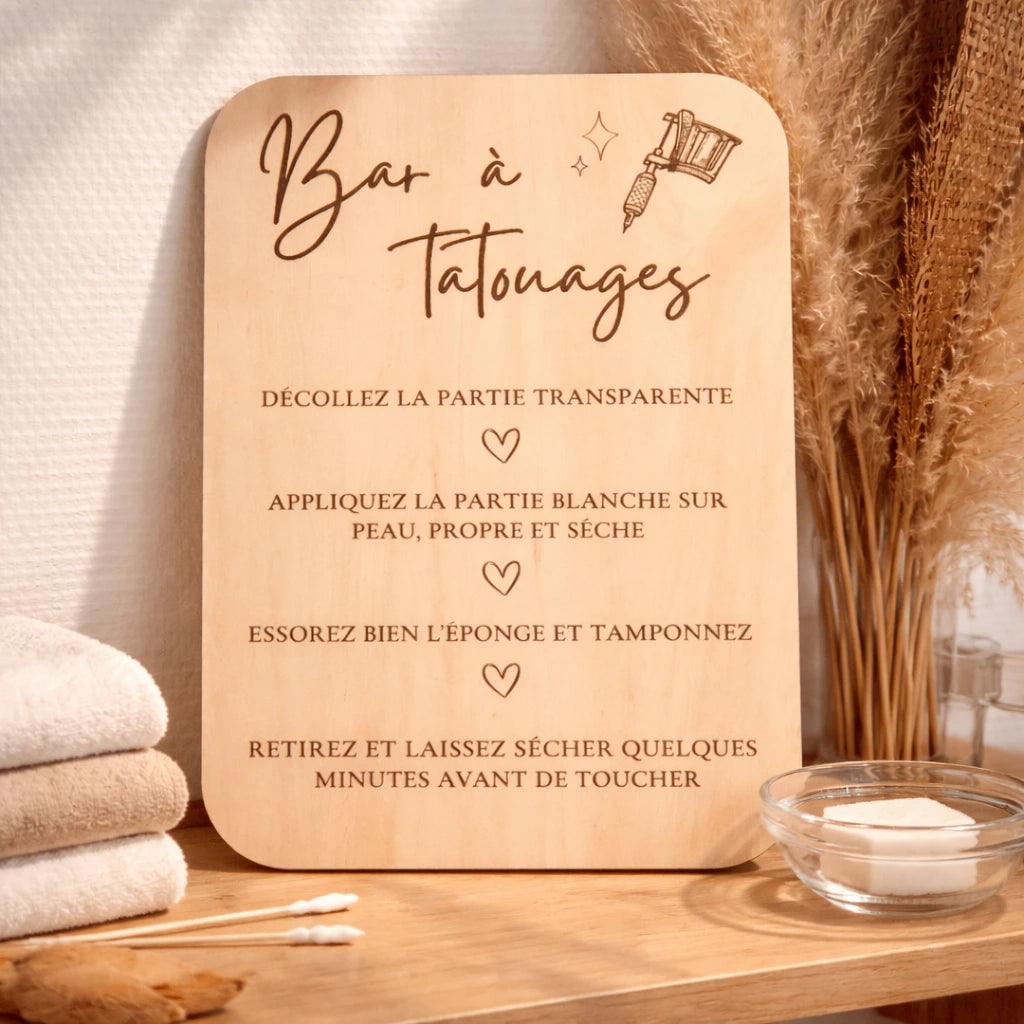 Pancarte en bois bar à tatouages pour événement, idéale pour mariage, anniversaire ou fête, signalétique ludique pour coin tatouages temporaires enfants et adultes