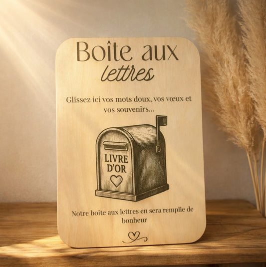 Pancarte en bois Boîte aux lettres pour livre d’or, invitant les invités à déposer leurs messages lors d’un mariage ou événement
