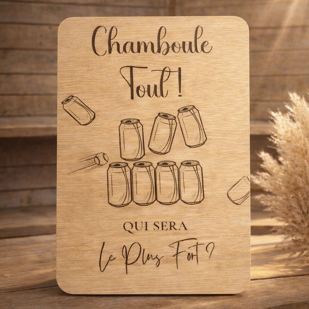 Pancarte en bois chamboule tout pour mariage, animation ludique et conviviale pour invités
