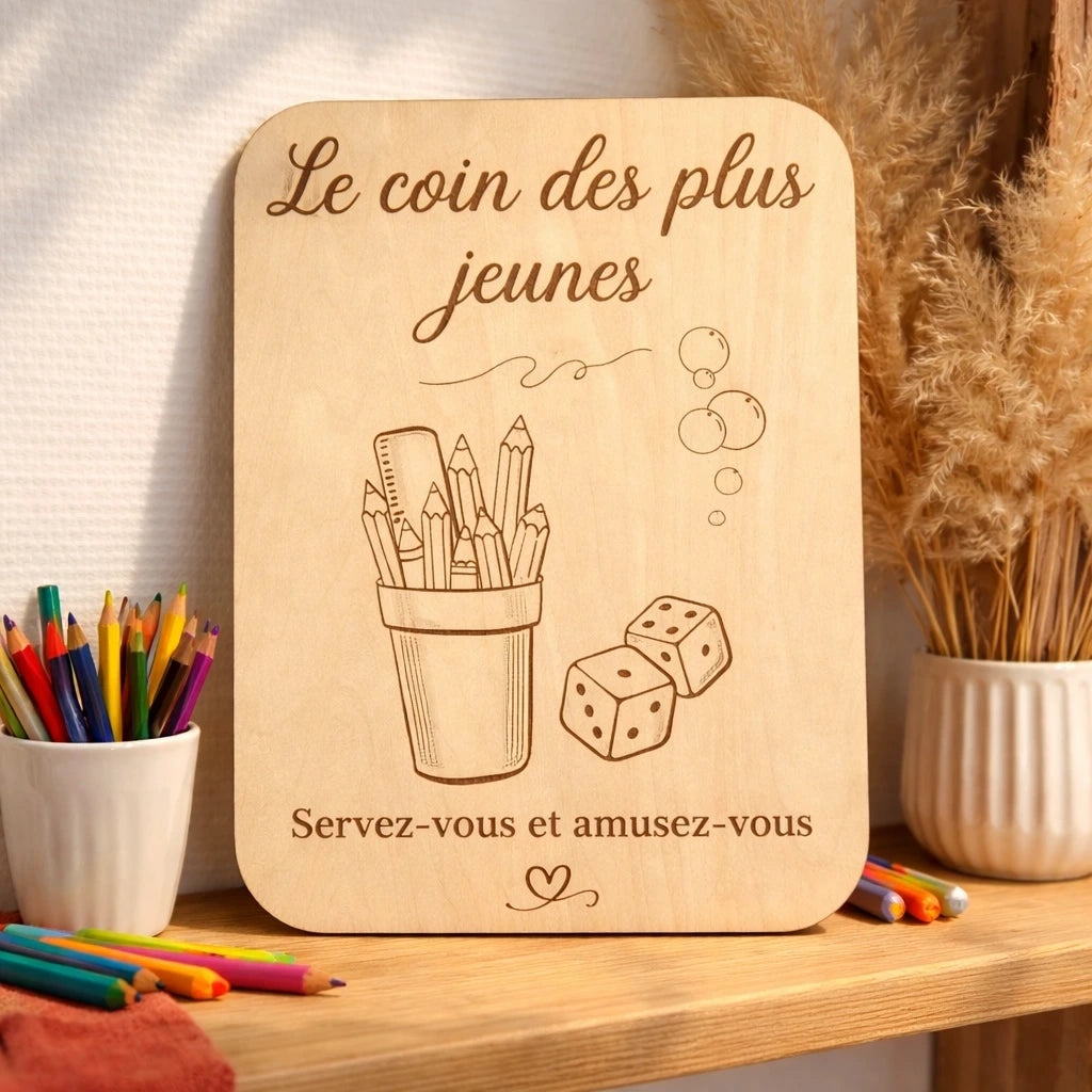Pancarte en bois le coin des plus jeunes pour événement, idéale pour mariage, anniversaire ou réception, signalétique enfant élégante et conviviale
