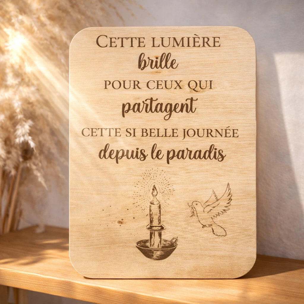 Pancarte en bois défunts paradis pour événement, espace hommage dédié aux proches disparus, signalétique douce et élégante pour coin souvenir