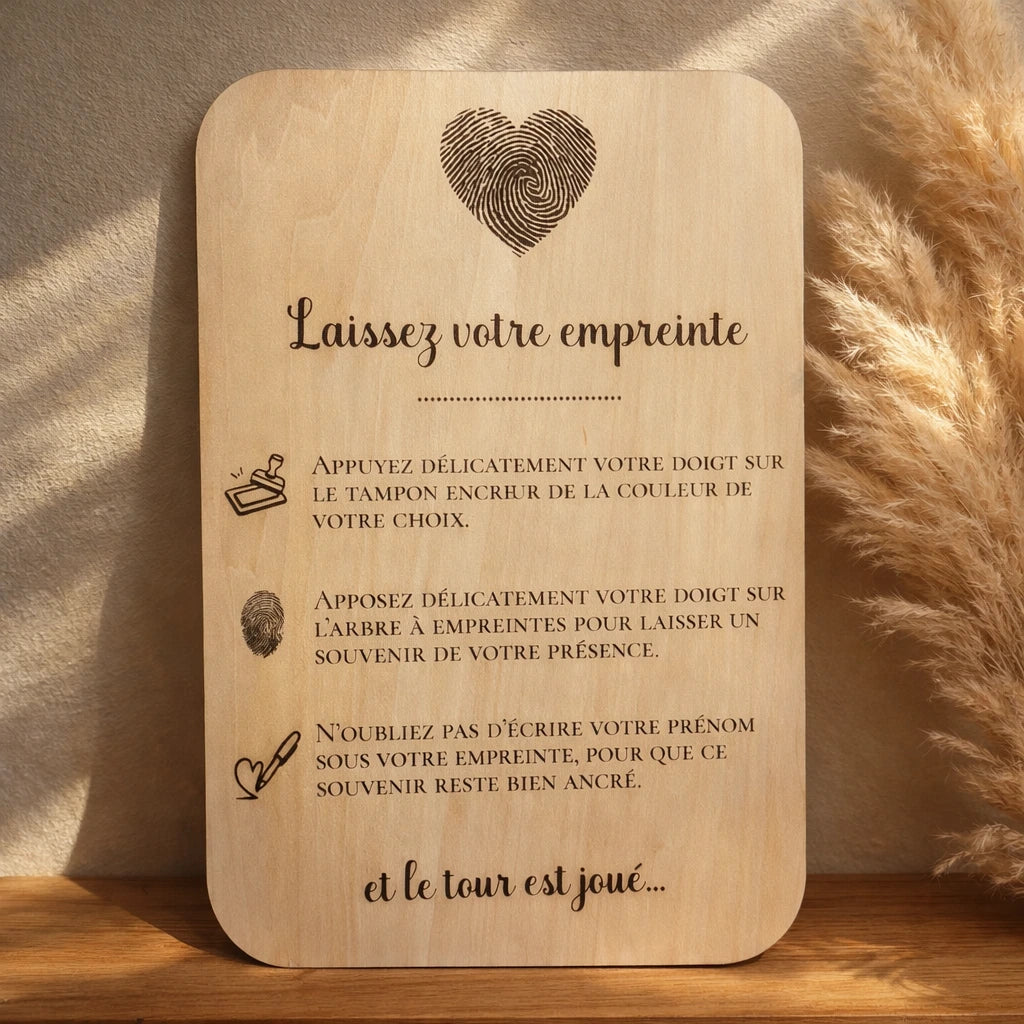 Pancarte en bois empreintes pour mariage, animation souvenir avec empreintes des invités