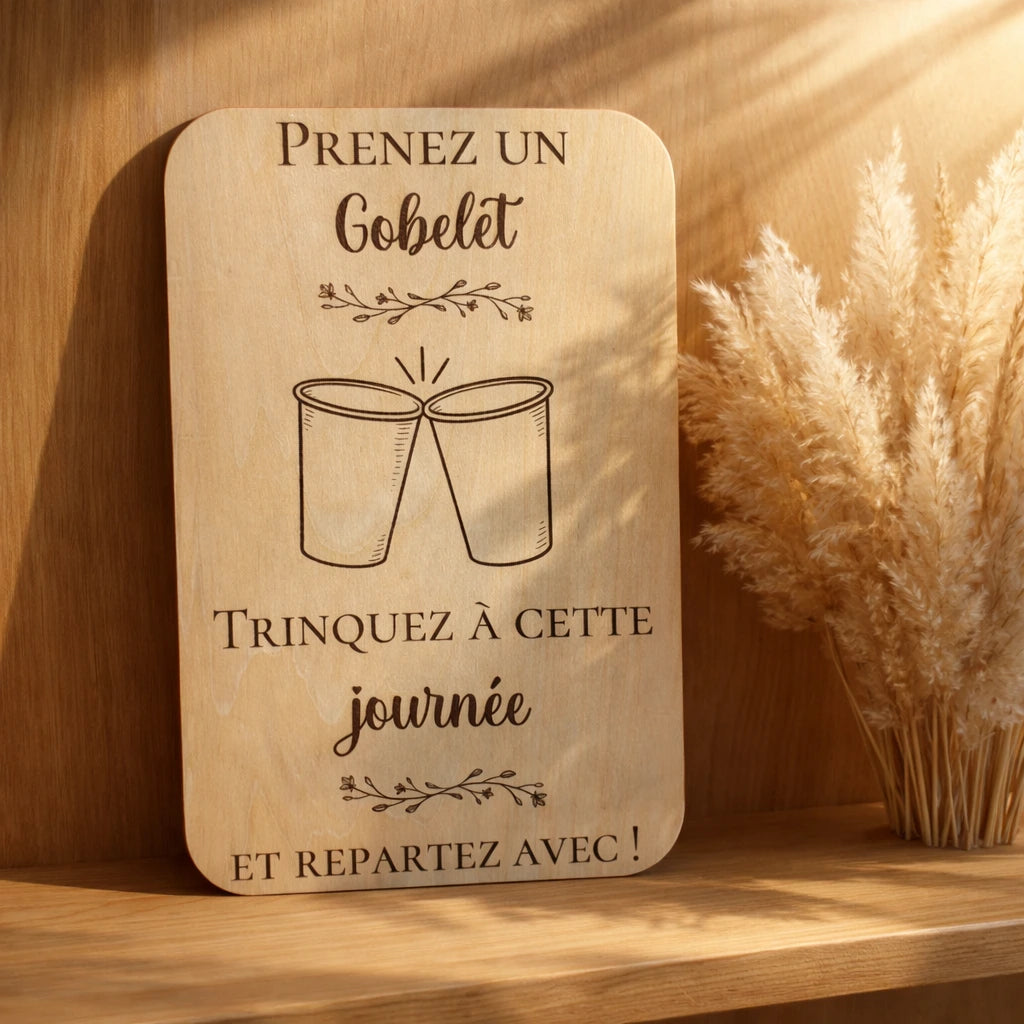 Pancarte en bois invitant les invités à prendre un gobelet, trinquer et le garder en souvenir lors d’un mariage ou événement