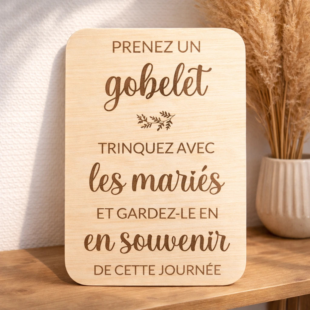 Pancarte en bois gobelets, servez vous, trinquez et gardez le en souvenir, idéale pour mariage ou événement, signalétique pour gobelets réutilisables des invités 