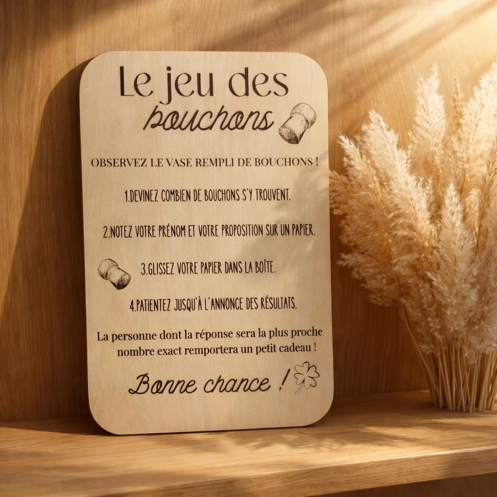 Pancarte en bois jeu des bouchons, animation ludique pour mariage ou événement festif