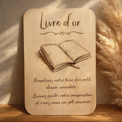Pancarte en bois Livre d’or invitant les invités à laisser un message lors d’un mariage ou événement