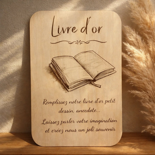 Pancarte en bois Livre d’or invitant les invités à laisser un message lors d’un mariage ou événement