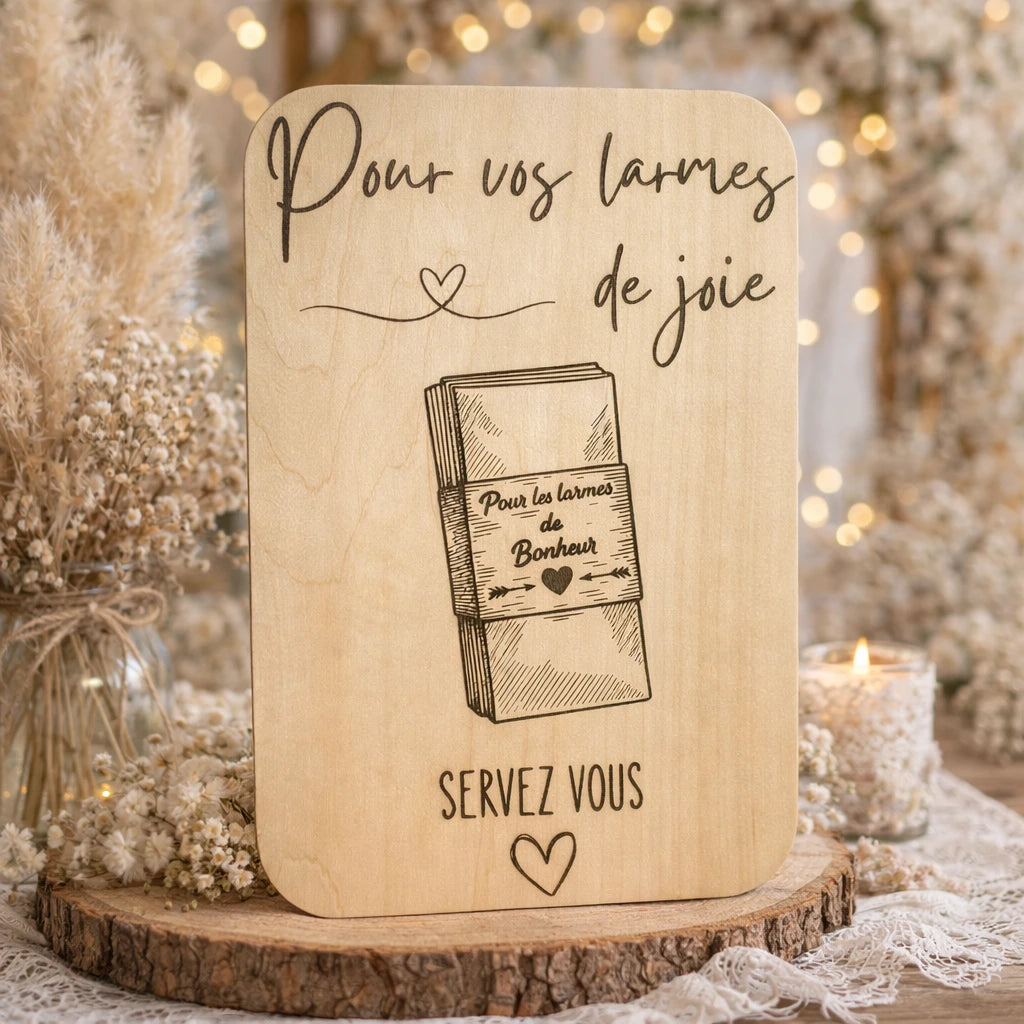 Pancarte en bois Mouchoirs pour larmes de joie, attention délicate pour cérémonie de mariage