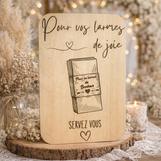 Pancarte en bois Mouchoirs pour larmes de joie, attention délicate pour cérémonie de mariage