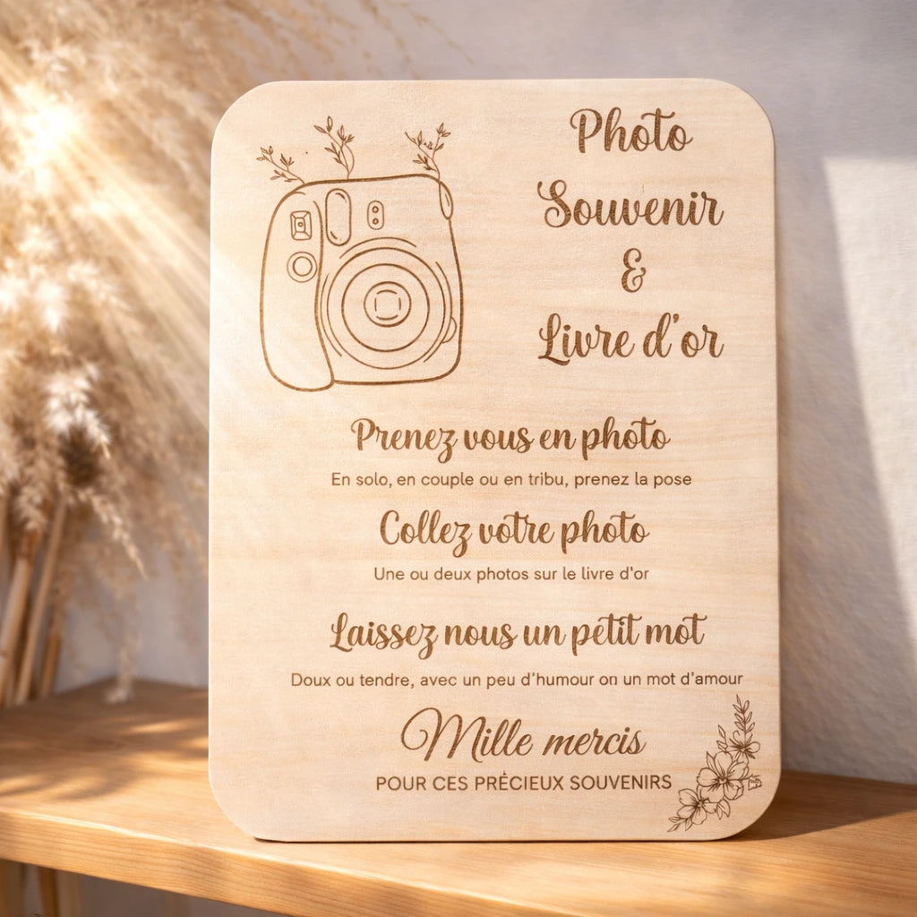 Pancarte en bois photo souvenir et livre d’or pour événement, idéale pour mariage ou réception, signalétique élégante pour espace souvenirs et messages