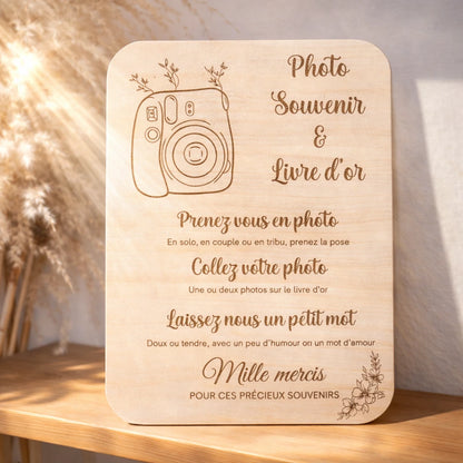 Pancarte en bois photo souvenir et livre d’or pour événement, idéale pour mariage ou réception, signalétique élégante pour espace souvenirs et messages