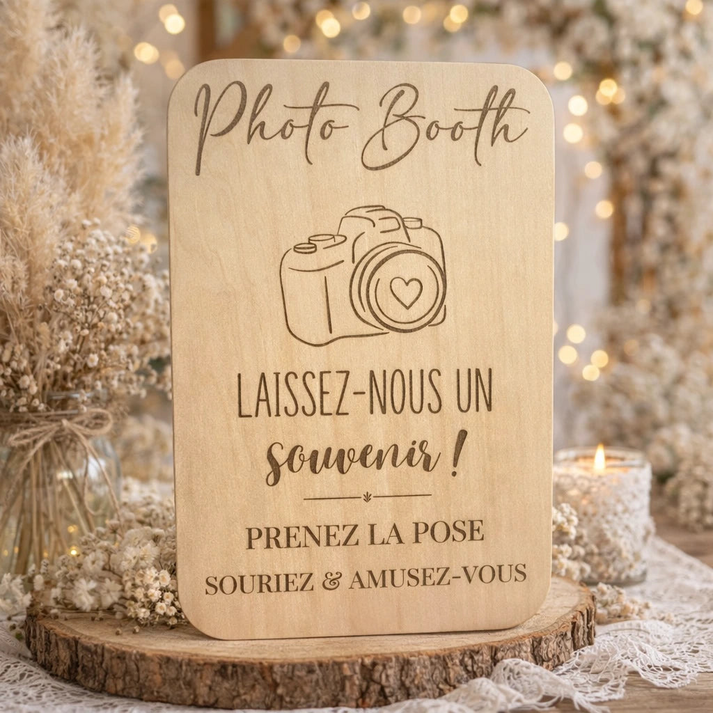 Pancarte en bois Photobooth, décoration et signalétique pour espace photo lors d’un mariage ou événement