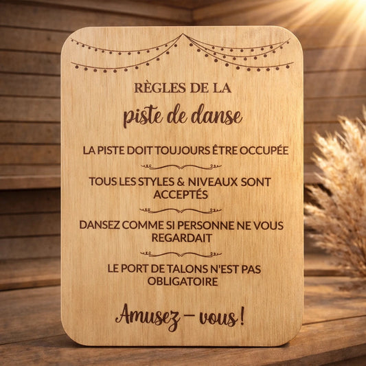 Pancarte en bois avec règles de la piste de danse, décoration mariage festive et conviviale
