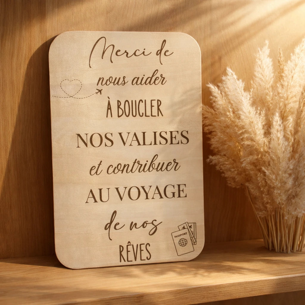 Pancarte en bois naturel Voyage de rêve, idéale pour un mariage ou un événement festif