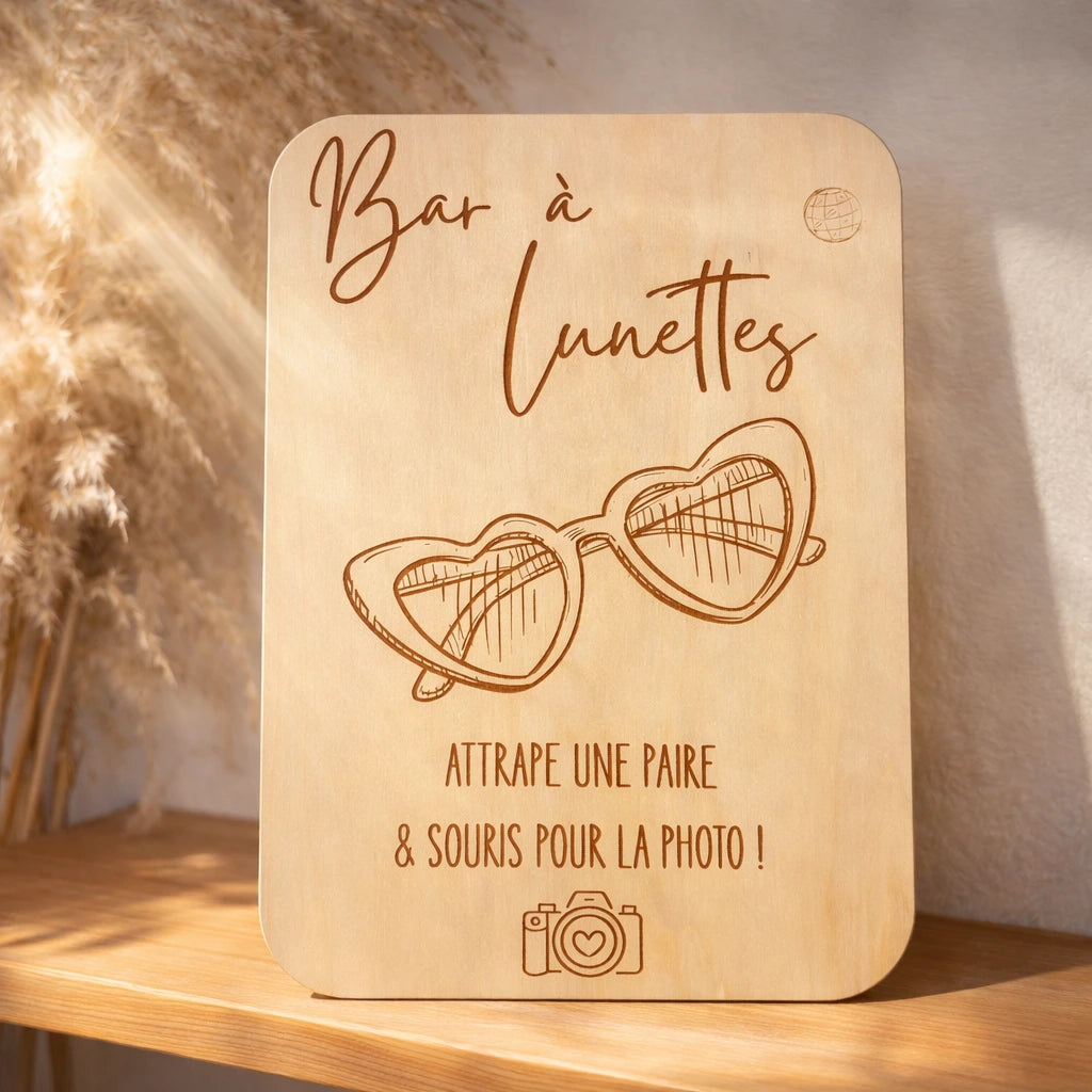 Pancarte en bois bar à lunettes pour événement, idéale pour mariage, réception ou soirée, signalétique fun pour photobooth et accessoires festifs