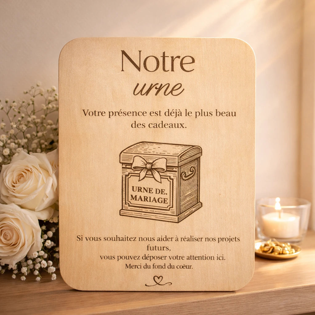 Pancarte en bois urne pour événement, idéale pour mariage, anniversaire ou réception, signalétique élégante pour table urne et espace cadeaux