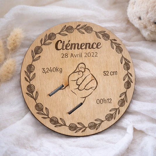 Support de bracelet de naissance rond en bois avec prénom et informations de naissance, souvenir de naissance décoratif
